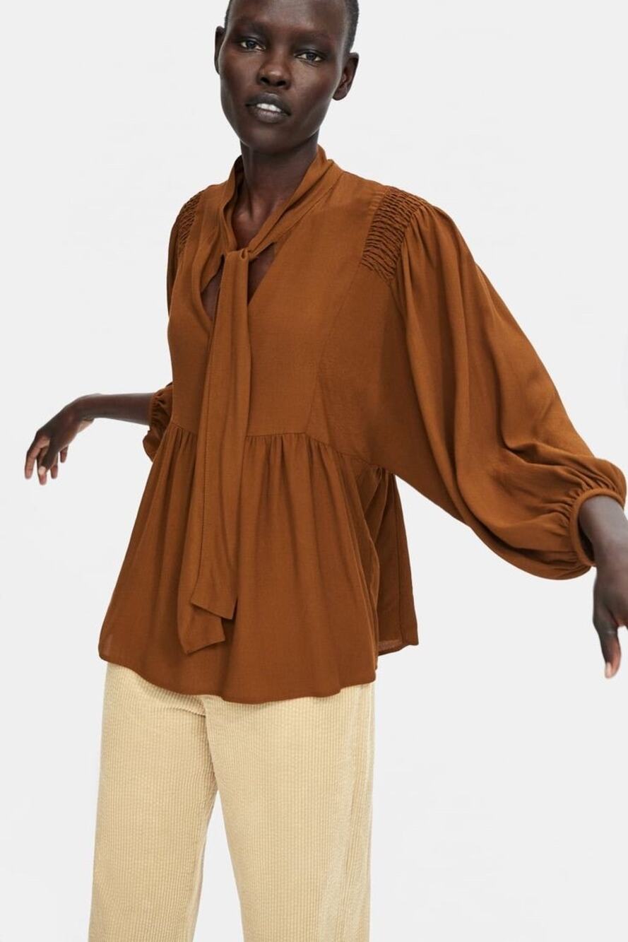 Zara Brown Tie Neck Peasant Top Small Balloon Sleeve Cottagecore Minimalist